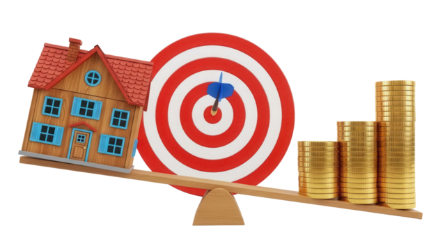 House and target on seesaw with gold coins isolated PNG, financial balance and investment concept for real estate and property market