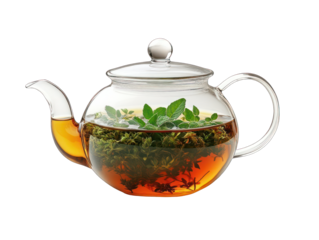 Elegant glass teapot infusing herbal tea, transparent background for creative uses