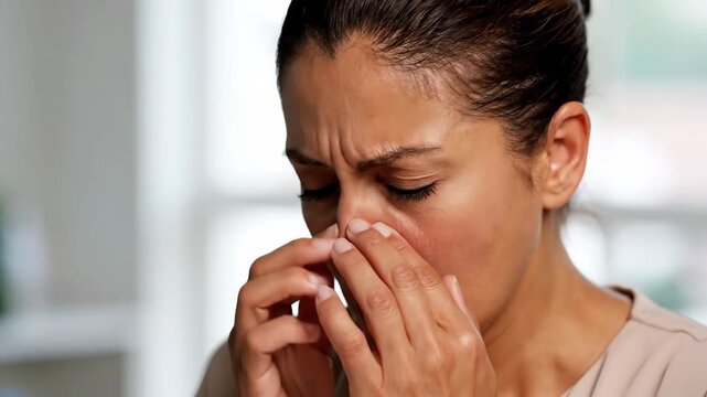 Woman Reacts To Bad Smell, Shows Disgust In A Series Of Facial Expressions Sequences