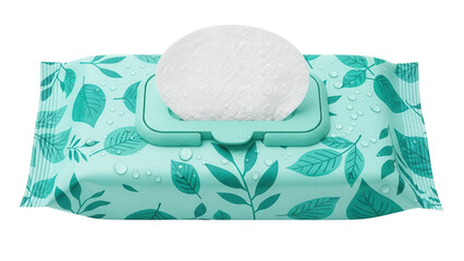 Baby wipes package with green leaves pattern isolated PNG, gentle cleansing cloths for sensitive skin on transparent background