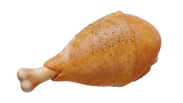 Roasted chicken leg isolated PNG on transparent background, delicious poultry meat for food design and holiday dinner menus