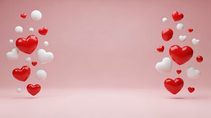 A romantic display of red and white heart shaped balloons floating against a soft pink background
