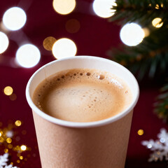 Festive paper coffee cup with latte foam and warm holiday lights
