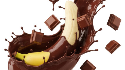 Banana with chocolate splash and chocolate cubes isolated PNG, delicious dessert on transparent background for food design and advertising