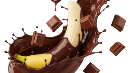 Banana with chocolate splash and chocolate cubes isolated PNG, delicious dessert on transparent background for food design and advertising