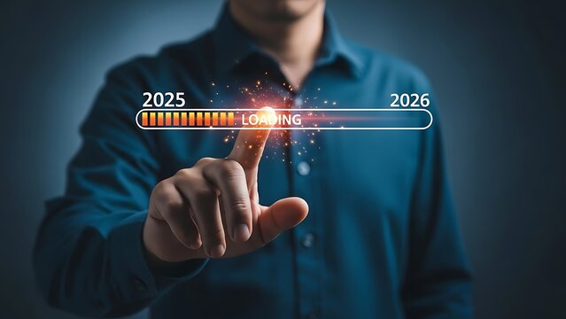 Businessman touching a loading bar graphic that shows progress from the year 2025 to 2026, symbolizing future planning and transition - Powered by Adobe