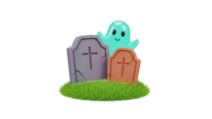 Cartoonish turquoise ghost with tombstones isolated PNG, spooky Halloween decoration for graphic design and holiday-themed projects