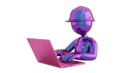 Metallic purple construction worker with laptop PNG isolated on transparent background, 3D rendering of a builder using computer