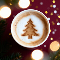 Paper cup filled with latte on festive red background