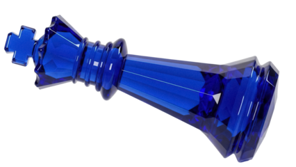 Elegant blue crystal chess king piece isolated PNG, luxurious game strategy element on transparent background for design and decoration