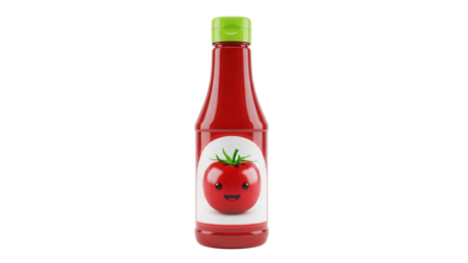 Red ketchup bottle with tomato label isolated PNG, condiment for food and cooking, delicious sauce on transparent background