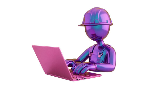 Metallic purple construction worker with laptop PNG isolated on transparent background, 3D rendering of a builder using computer