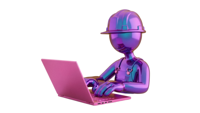 Metallic purple construction worker with laptop PNG isolated on transparent background, 3D rendering of a builder using computer - Powered by Adobe