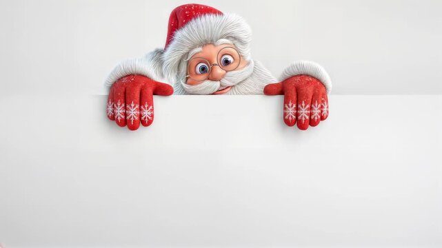 Cute smiling Santa with mittens leans over bright white panel on clean background providing friendly Christmas template with empty space for holiday sales announcements or greeting text