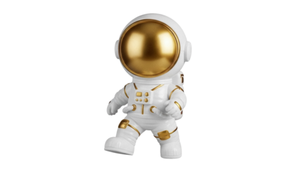 Astronaut figurine isolated PNG on transparent background, white and gold spaceman toy for space exploration and science fiction themes