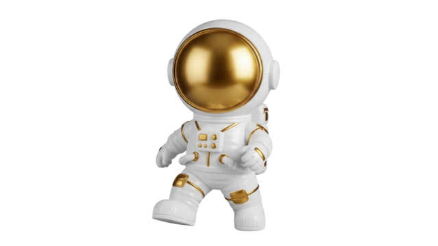 Astronaut figurine isolated PNG on transparent background, white and gold spaceman toy for space exploration and science fiction themes