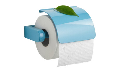Toilet paper roll with blue holder and green leaf isolated PNG, bathroom tissue for hygiene and cleanliness on transparent background