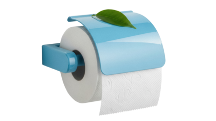 Toilet paper roll with blue holder and green leaf isolated PNG, bathroom tissue for hygiene and cleanliness on transparent background