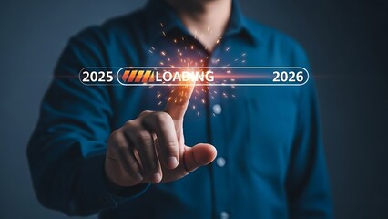 Businessman finger touching futuristic loading bar graphic transitioning from year 2025 to 2026 with glowing digital progress indicator