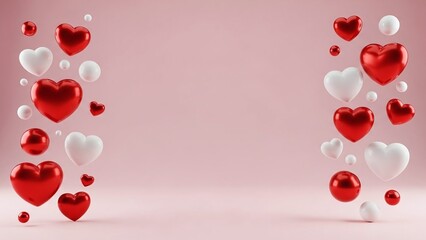 Romantic heart shaped balloons in red and white floating on a soft pink background for valentine s day