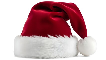 Classic red velvet santa claus hat with white fur trim and pom pom isolated on white background for christmas holiday celebration