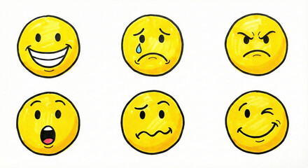 Fototapeta premium Set of hand drawn yellow smiley faces with various emotions