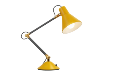 Yellow adjustable desk lamp PNG isolated on transparent background, modern lighting fixture for office or home decor