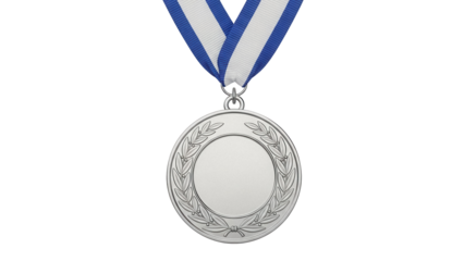 Silver medal with blue and white ribbon isolated PNG, award for sports achievement and competition success on transparent background