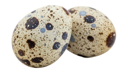 Obraz premium Two quail eggs PNG isolated on transparent background, speckled brown and beige eggs for Easter and culinary themes