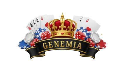 Casino logo with crown, poker cards, dice and chips isolated PNG, gambling emblem for online games and entertainment industry