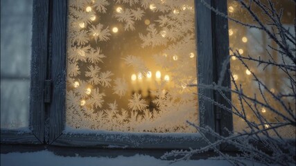 Frost-covered window with glowing candles inside, creating a warm contrast against the cold winter scenery and soft, dreamy bokeh lights. - Powered by Adobe