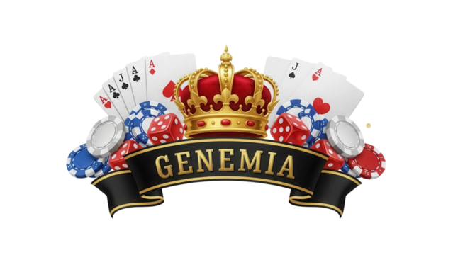Casino logo with crown, poker cards, dice and chips isolated PNG, gambling emblem for online games and entertainment industry
