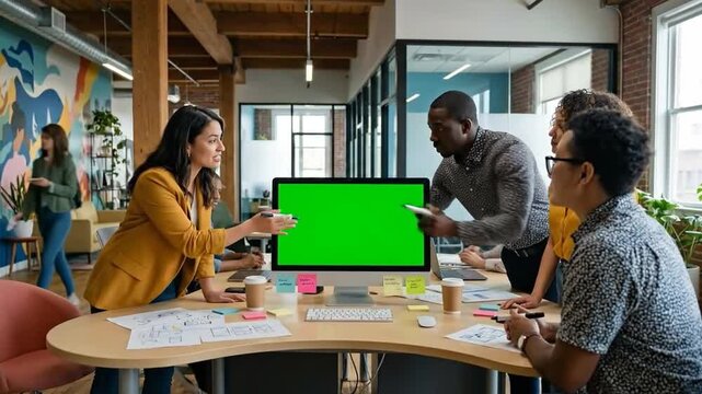 People collaborate around a green screen computer presenting ideas.