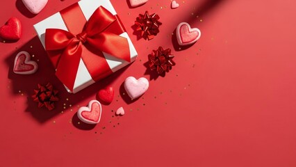 A festive valentine s day gift box adorned with red bow surrounded by heart shaped cookies and confetti