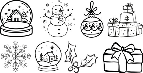 Obraz premium Winter whimsical christmas tree doodle sketch vector illustration. Holiday line art simple party decoration for new year. Minimalist snowflake outline set.Set of hand-drawn Christmas tree doodles 