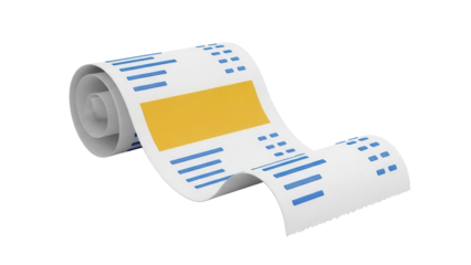 Rolled receipt paper isolated PNG on transparent background, bill roll with blue lines and yellow rectangle for business and finance use