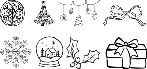 Winter whimsical christmas tree doodle sketch vector illustration. Holiday line art simple party decoration for new year. Minimalist snowflake outline set.Set of hand-drawn Christmas tree doodles 
