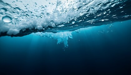 Deep blue stormy sea viewed underwater with abstract blurred waves, creating dramatic and immersive aquatic scene