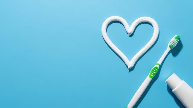 Toothpaste heart symbol and toothbrush on blue background representing dental care and oral hygiene love