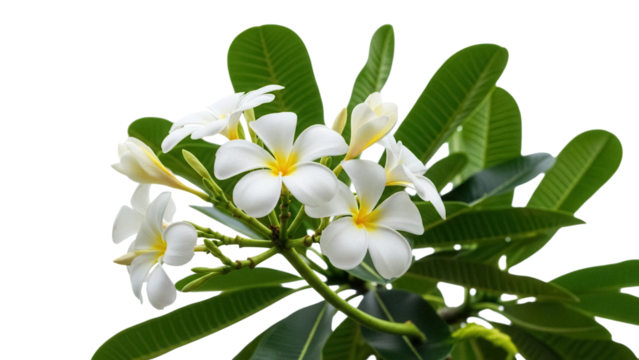 Plumeria flowers PNG isolated on transparent background, tropical frangipani blossoms with green leaves for spa and summer designs