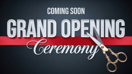 Announcing a grand opening ceremony soon with ribbon cutting to celebrate business launch, a new beginning, and exciting opportunity for growth