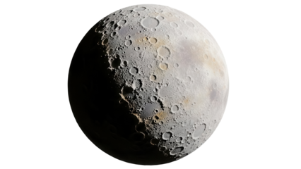 Detailed moon PNG isolated on transparent background, lunar surface with craters and shadows, celestial body for space exploration and science projects
