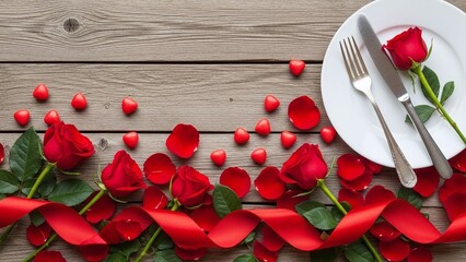 Romantic valentine s day dinner setting with red roses and ribbon on rustic wooden table