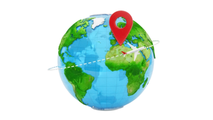 World globe with airplane and location pin isolated PNG, travel destination concept on transparent background