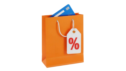 Orange shopping bag with credit card and discount tag isolated PNG, retail purchase concept on transparent background
