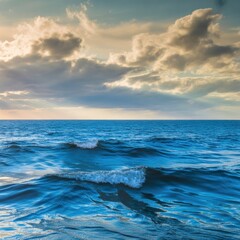 Obraz premium A serene seascape featuring gentle waves under a dramatic sky with clouds, reflecting hues of blue and gold at sunset.