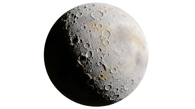 Detailed moon PNG isolated on transparent background, lunar surface with craters and shadows, celestial body for space exploration and science projects