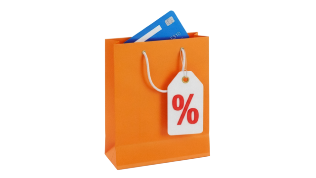 Orange shopping bag with credit card and discount tag isolated PNG, retail purchase concept on transparent background