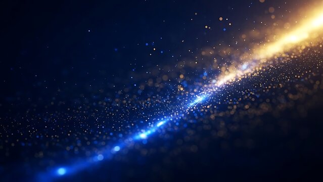 Abstract background of a bright blue and yellow light streak with glowing particles moving diagonally across a dark blue space