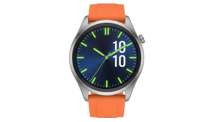 Modern smartwatch with orange band isolated on transparent PNG, wearable technology for fitness tracking and digital lifestyle